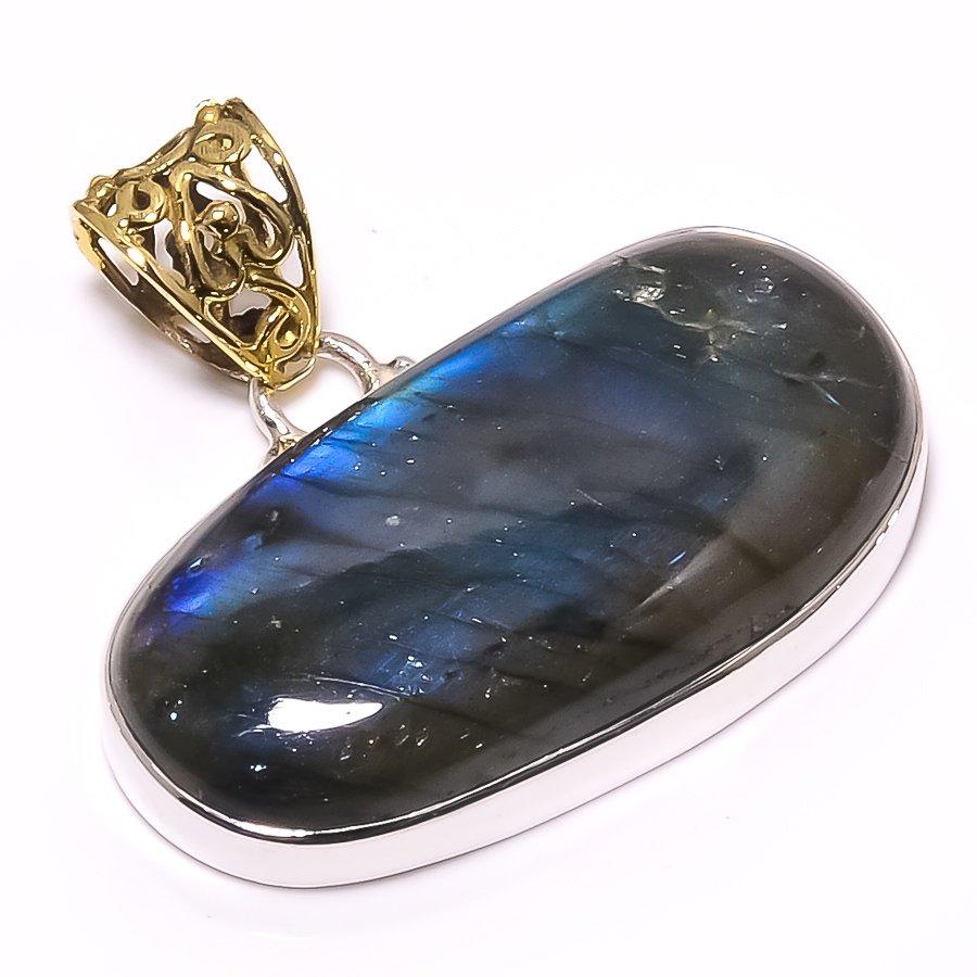 Natural Labradorite Gemstone 925 Sterling Silver Two Tone Pendant 1.26" P4H75