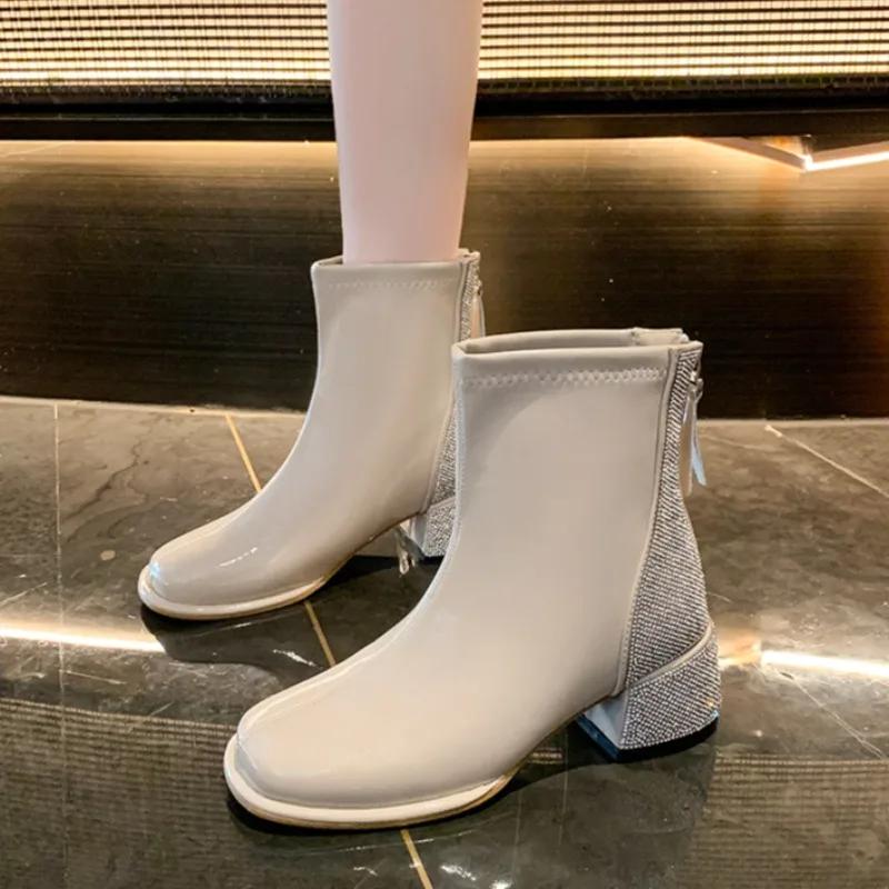 Короткие ботинки 2024 года, новые роскошные женские ботильоны со стразами и низким каблуком, ботильоны из искусственной кожи высокого качества, весна-осень, Botas Mujer