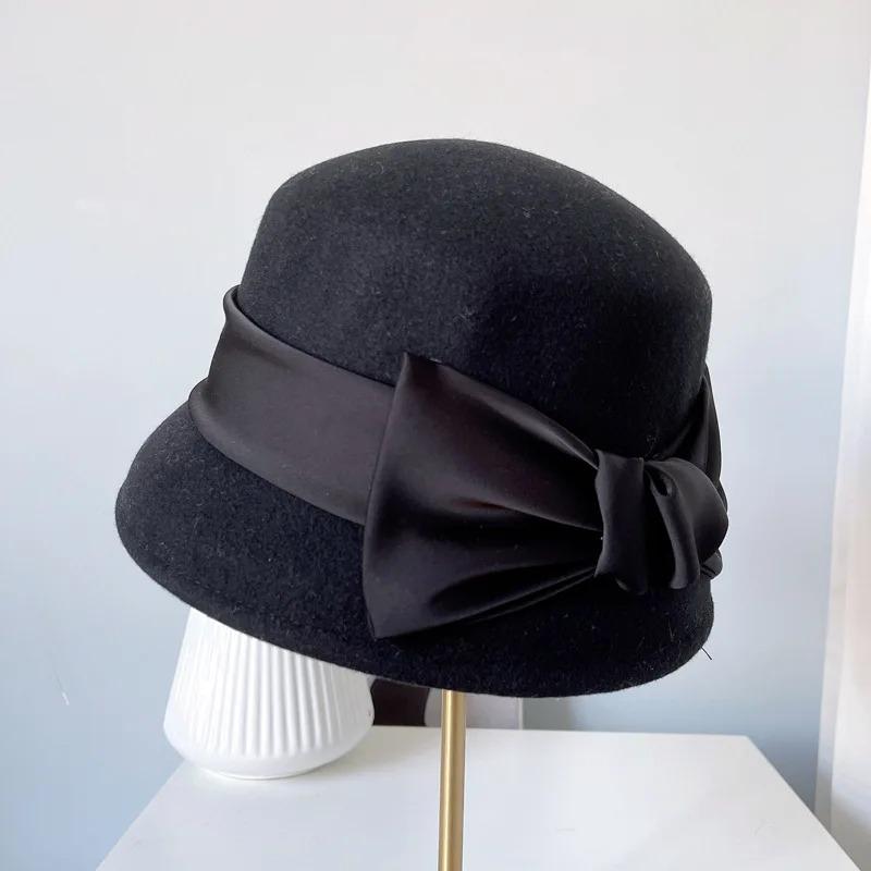 202308-2508937 Japan Ins Dropshipping Winter Wool Felt Hepburn Grace Bowknot Ribbon Lady Bucket Cap Women Leisure Fishermen Hat