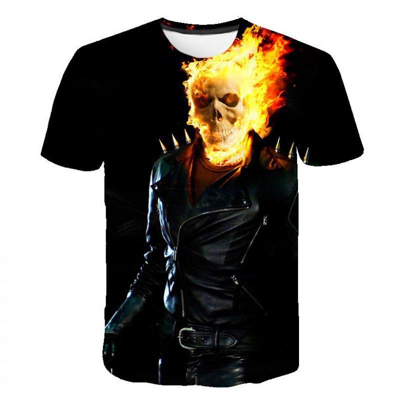 Evil Knight Skull Printed Short Sleeved T-shirt with Flame Pattern Skull Personalized Clothes for Men