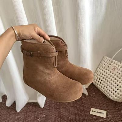 Зима 2025 новые шерстяные ботинки-дутики с отворотом, настоящая пряжка ремня, плоская подошва, круглый носок, теплые универсальные короткие ботинки женские