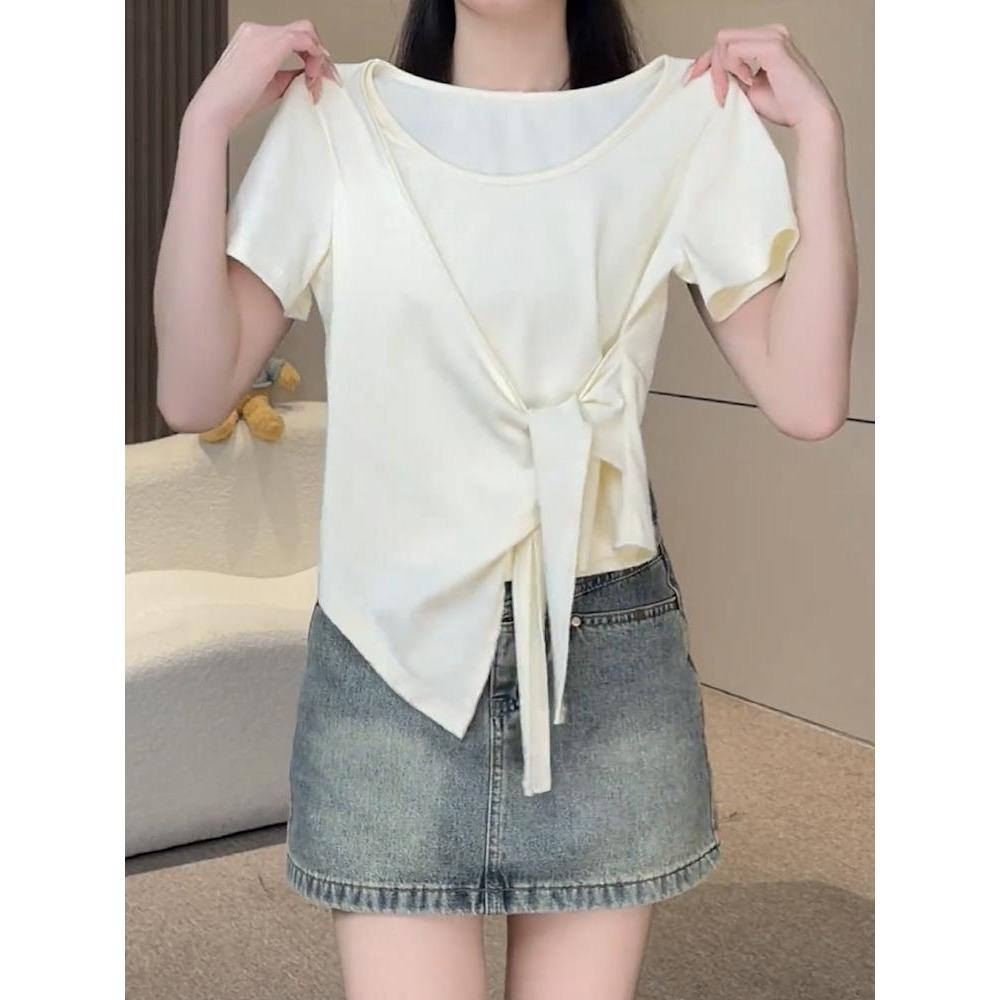 Футболка женская с разрезами на ремешках, приталенная, с короткими рукавами, летняя, новая модная модель