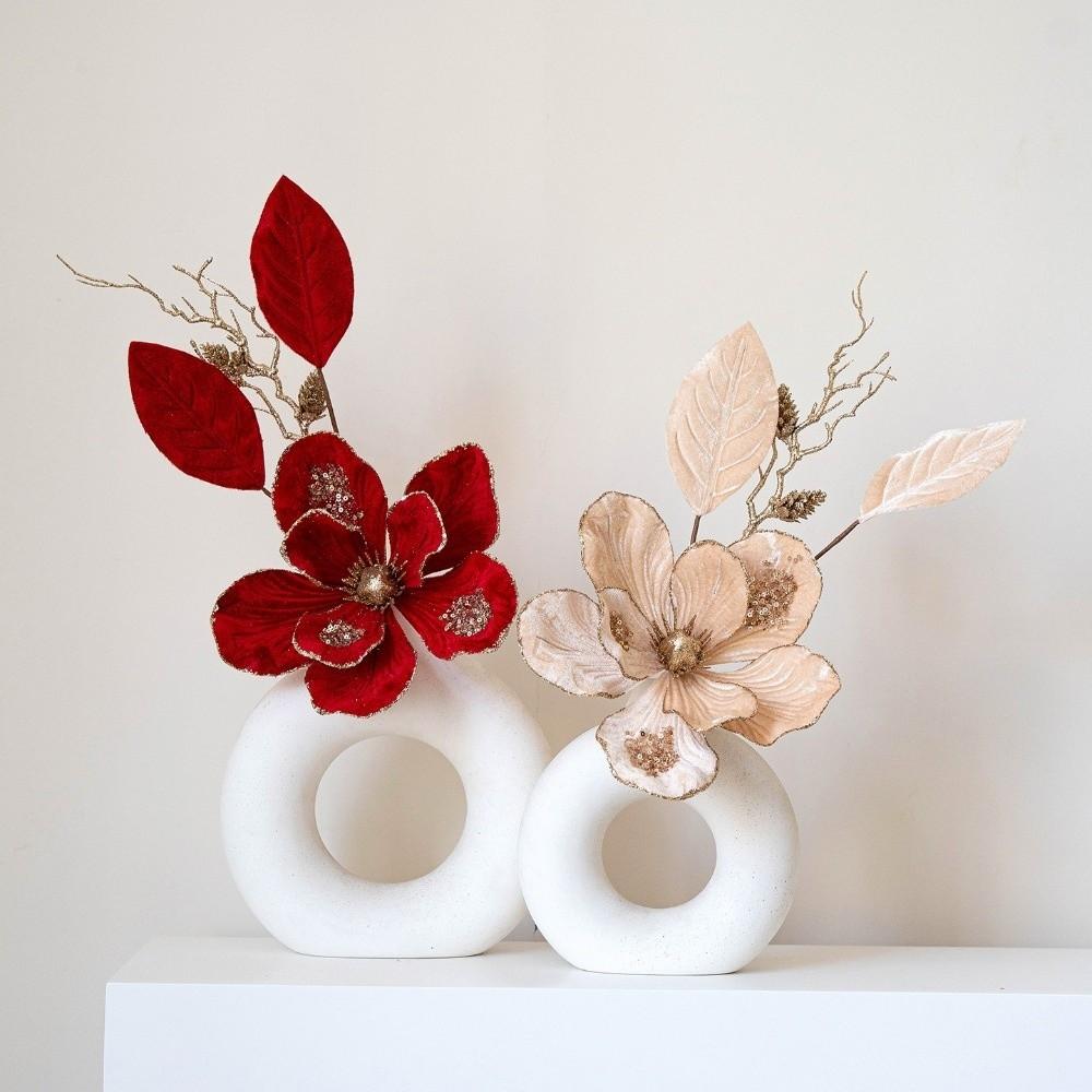 Glitter Christmas Poinsettia Flocking Xmas Decorative Flowers Holiday Party Supplies