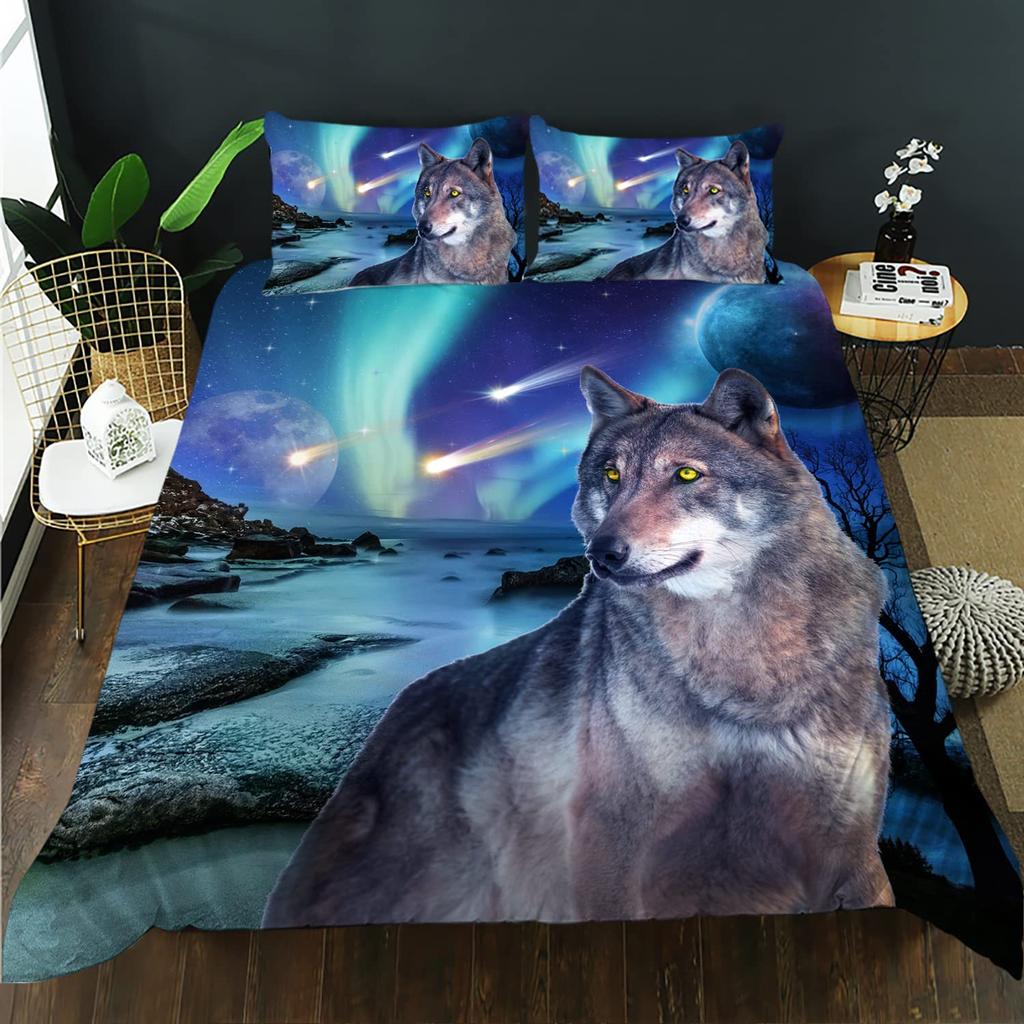 Purple Starry Night Galaxy Wolf Three-piece Quilt Cover 3D Digital Printing Bedding Set Bed Cover