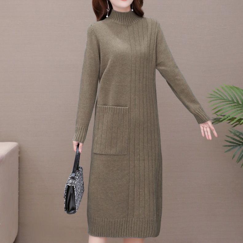 Вязаное платье для женщин на осень и зиму в корейском стиле, свободный пуловер средней длины, однотонное платье-свитер с полувысоким воротником