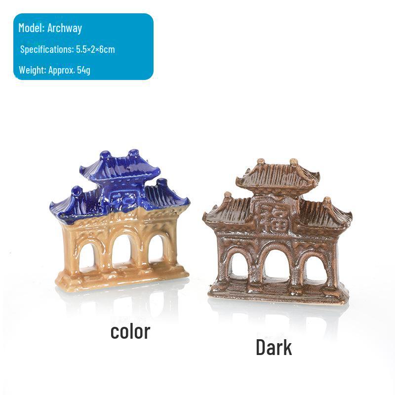 Ландшафтное оформление аквариума: Каменная скала и керамический павильон с водопоглощающим орнаментом для бонсай