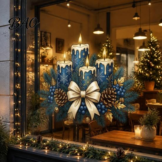 Warm Christmas Scene Decorations Candle Static Glass Stickers, Removable Window Cling with Bow Pinecone And Pine Seasonal Stickers Branch Pattern,