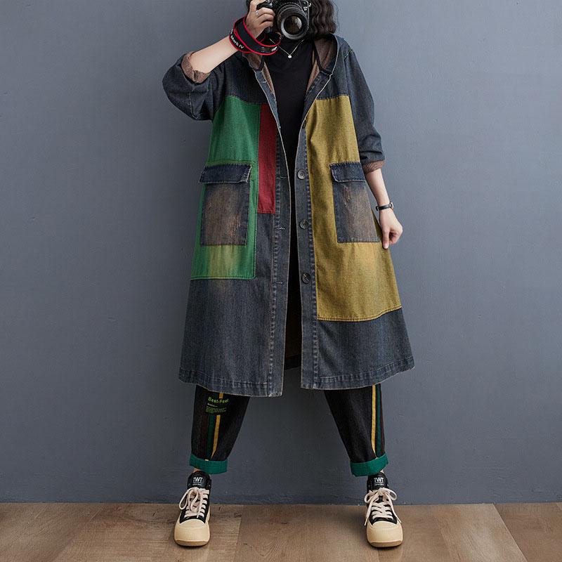 Women Modis Print Patchwork Ladies Windbreaks Oversized Autumn Denim Long Hoodies Trench Coat Casual Loose Woman Trench