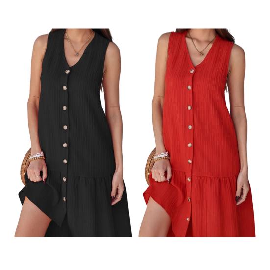 Летнее платье V-образный вырез без рукавов однобортное однотонное мини-платье однотонное свободное