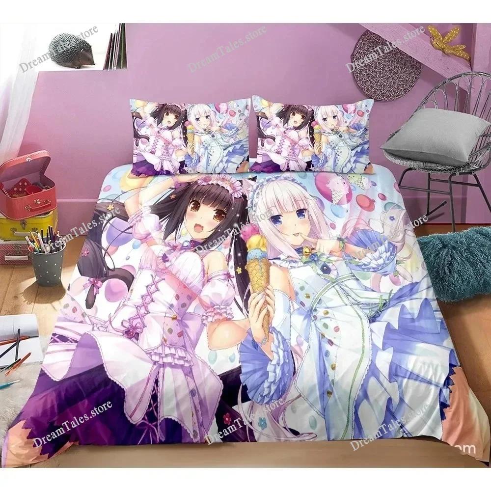 Милый аниме-кот горничная узор NEKOPARA Комплект постельного белья Игровой принт Пододеяльник и наволочка Декор для спальни для отаку подростков741