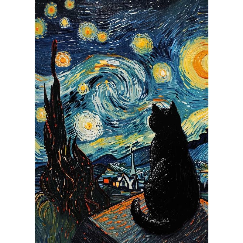 Черный кот под небом Серия «Звездная ночь» Тематическая печать на холсте Модные популярные цвета Фреска Студия Домашнее украшение Искусство Подарки