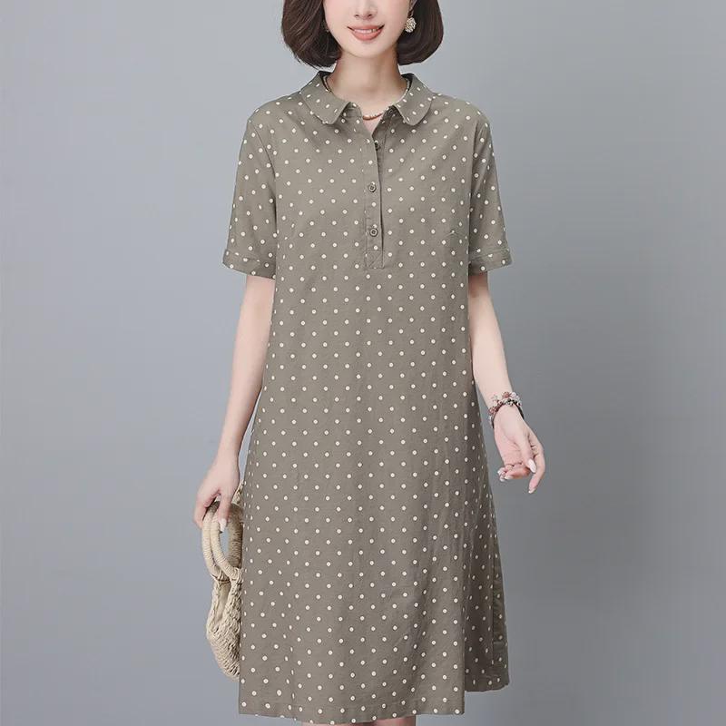 Летнее платье в горошек из хлопка и льна 2024 года — женское, французский стиль, размер плюс, длинная юбка