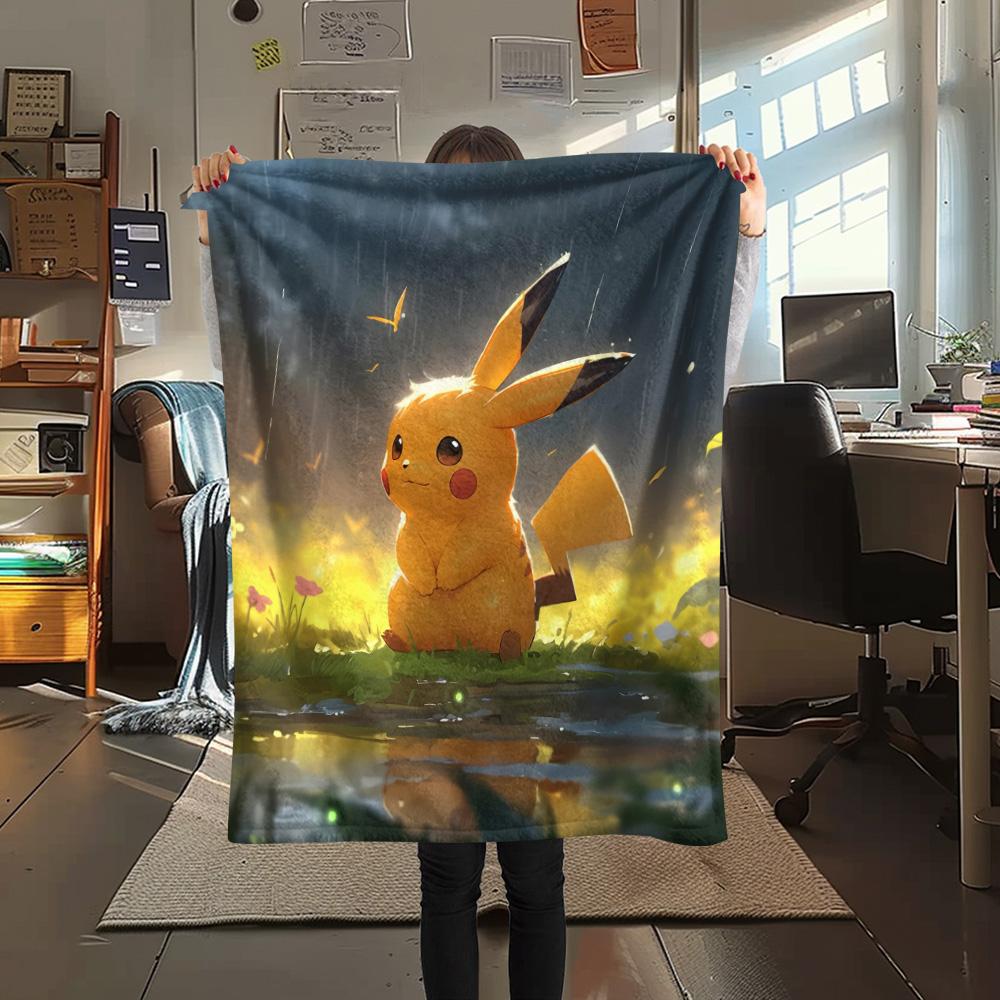 Cute Pikachu Print Flannel Blanket, High quality Comfortable for All Seasons, Home Decor, Warmth and Comfort