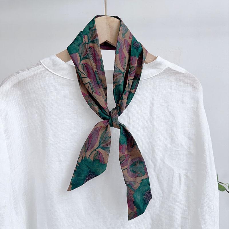 Spring Summer Floral Print Cotton Skinny Scarf Women Soft Neckerchief Hairband Lady Headband Bagscarf Female Neck Ties