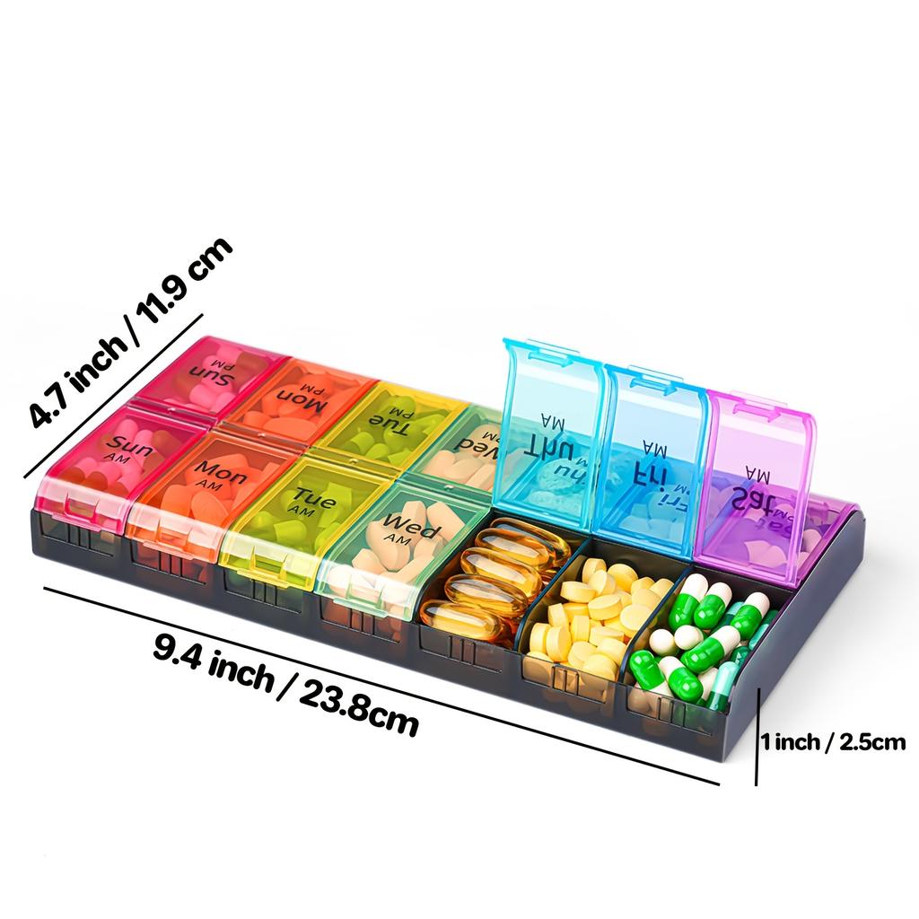 Большой органайзер для таблеток на 7 дней с отделениями для ежедневной двойной дозы, прочный полипропиленовый материал, дозатор витаминов и лекарств для еженедельного хранения