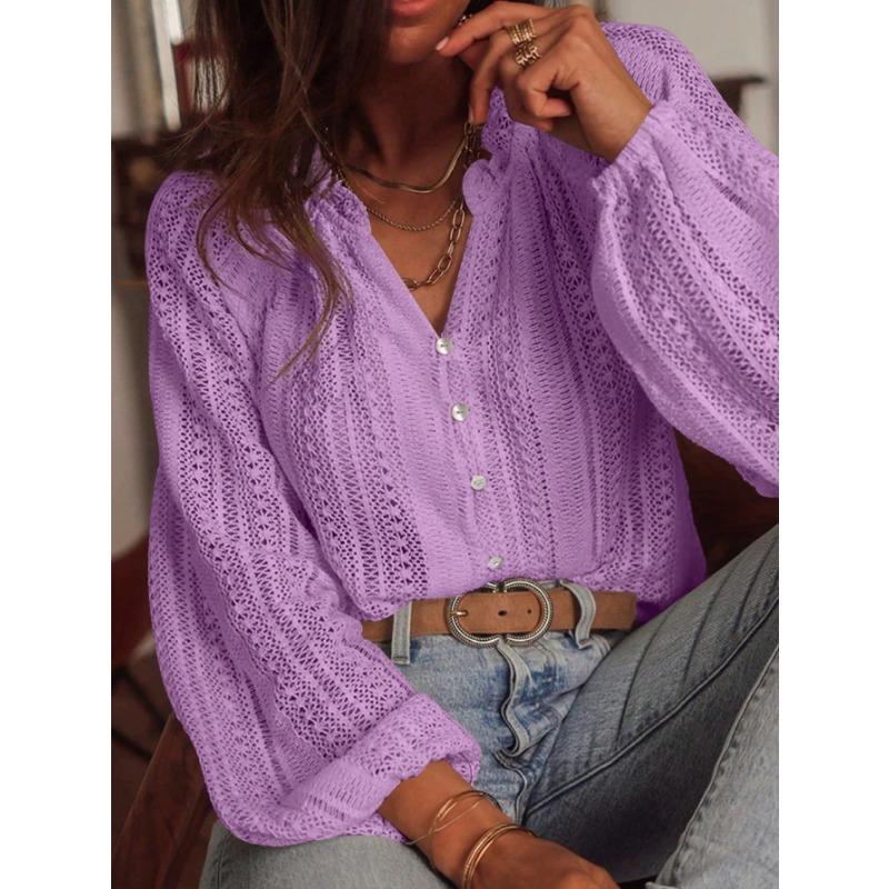 DAFIFY Women's Fashion Casual Spring Autumn Solid Color Print Long Sleeve V-Neck Blouses & Shirts