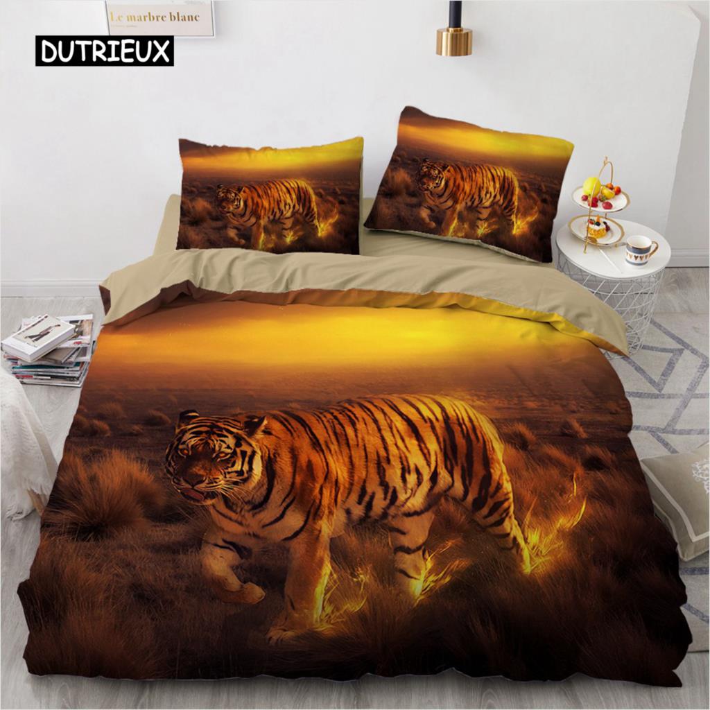 Комплект постельного белья 3D, черный пододеяльник, комплект стеганого одеяла, наволочка, размер King Queen, полиэстер с принтом тигра и животных