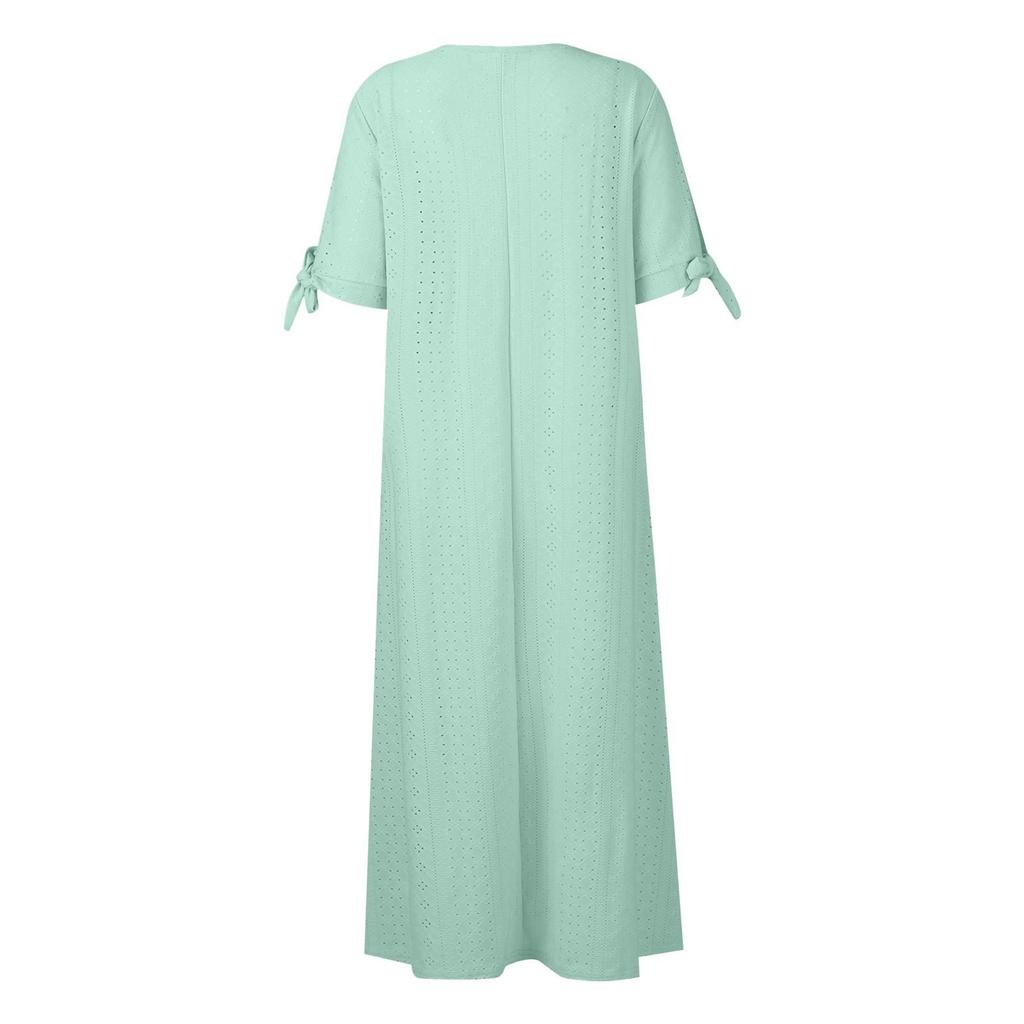 Women's Fashion Casual Solid Color Round Neck Button Off Shoulder Short Sleeve Pocket Dress