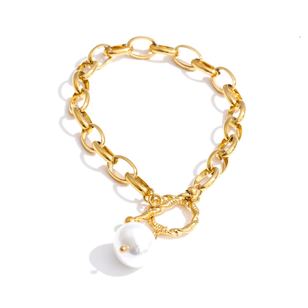 Yhpup Stainless Steel Baroque Imitation Pearls Pendant Necklace Bracelet Bangle Toggle-Clasps Fashion High Quality Chain Jewelry