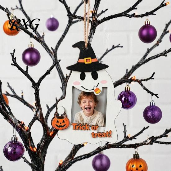 Solid Wood Photo Ornament Halloween Cute Ghost Wooden Frame with Hanging Rope, Creative Family Display Picture for Holiday Party Decor And Home