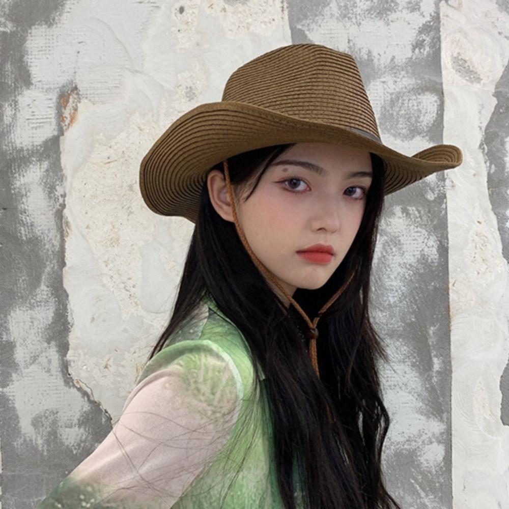 Wide Brim Straw Visor Hat Foldable Sun Protection Cap American Western Cowboy Hat Women Men
