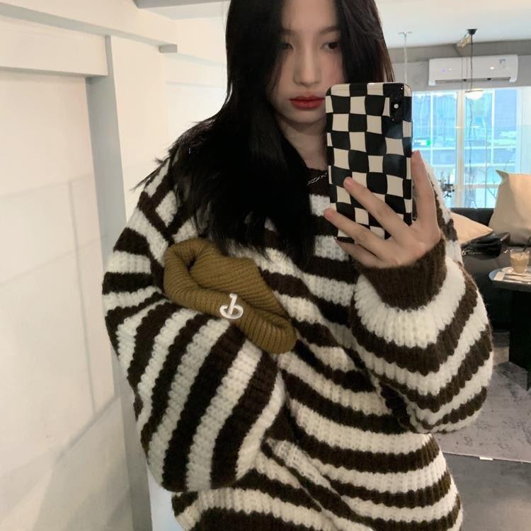 Винтажный полосатый свитер, женский вязаный пуловер в стиле Харадзюку, свободный джемпер, повседневные шикарные топы с длинными рукавами, уличная одежда