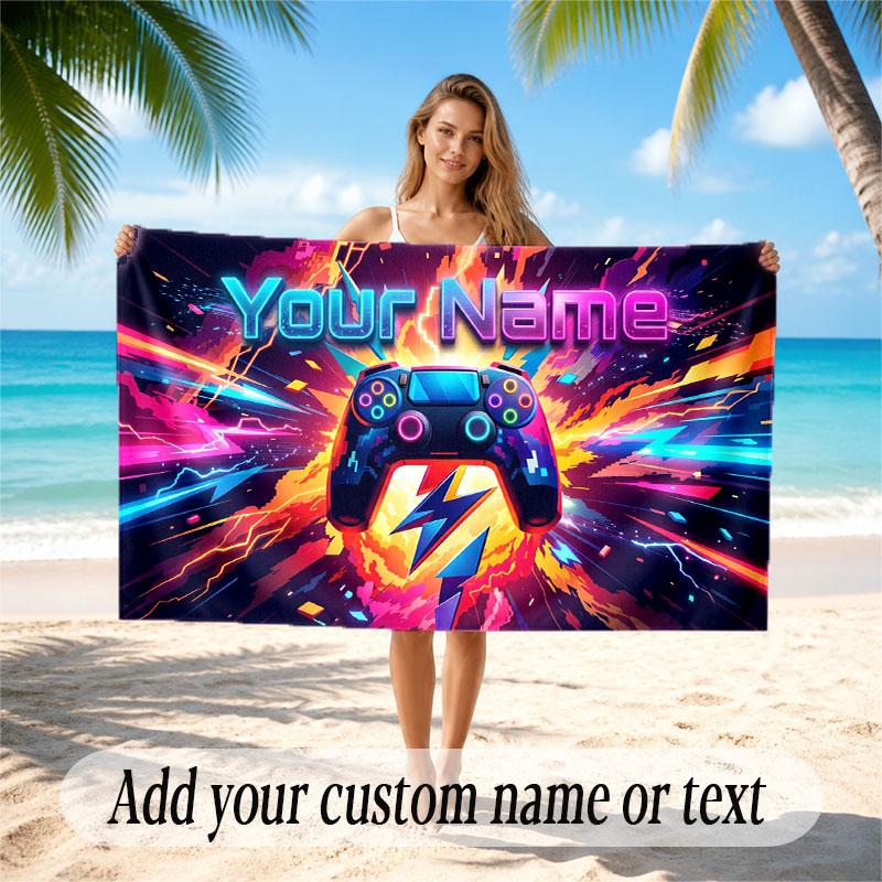 Game Controller Theme Soft Beach Towel Personalized Custom Name Text Towel Portable for Beach Pool Travel