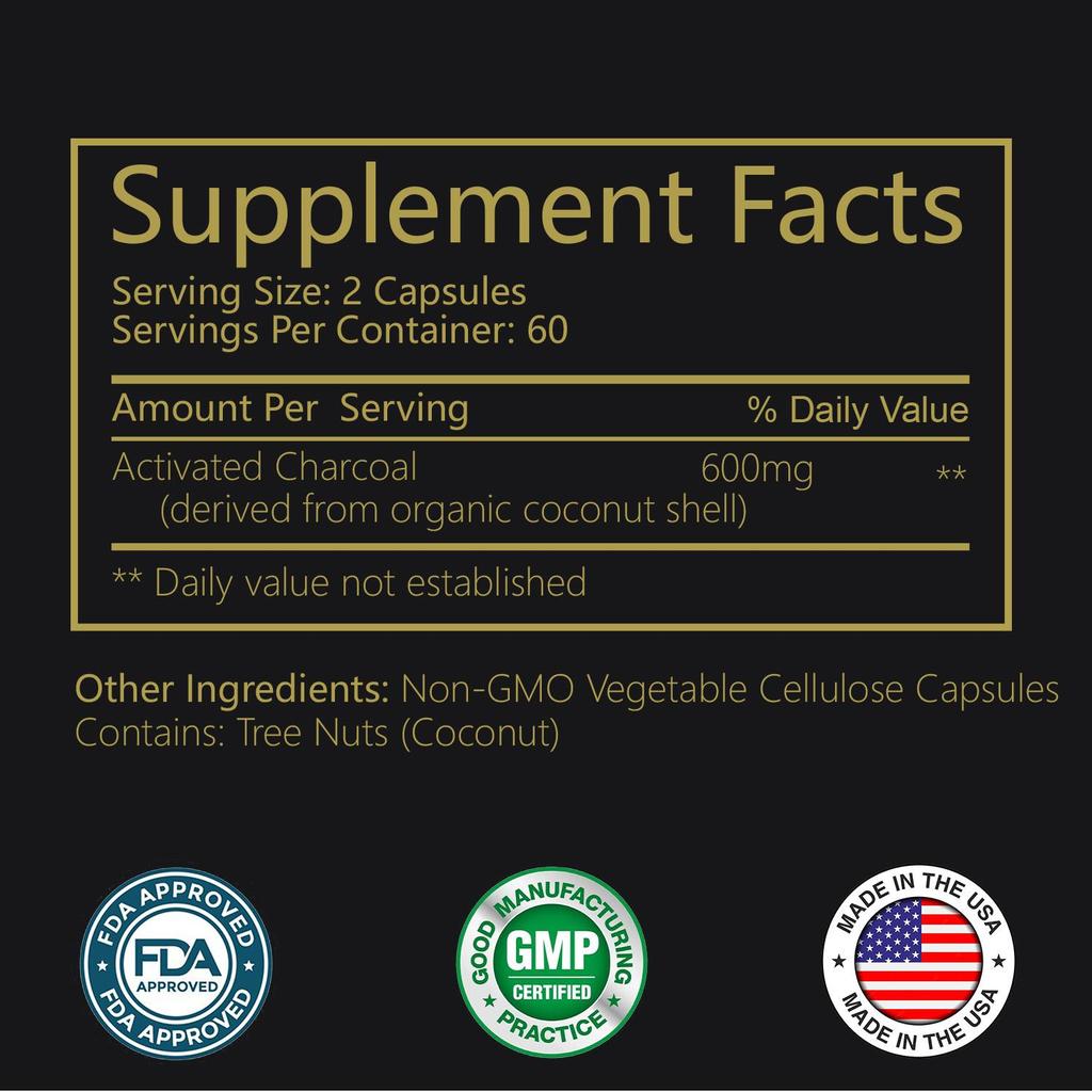 Organic coconut charcoal capsules, coconut shell charcoal, nutritional supplement, all-natural, suitable for adults.