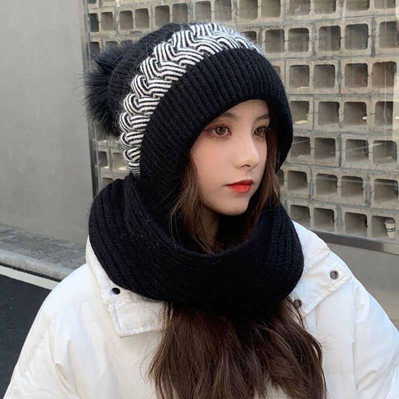 Hat and Scarf Integrated Women's Winter Warm Versatile Autumn and Winter Wool Hat Fashion Trendy Velvet Winter Knitted Hat