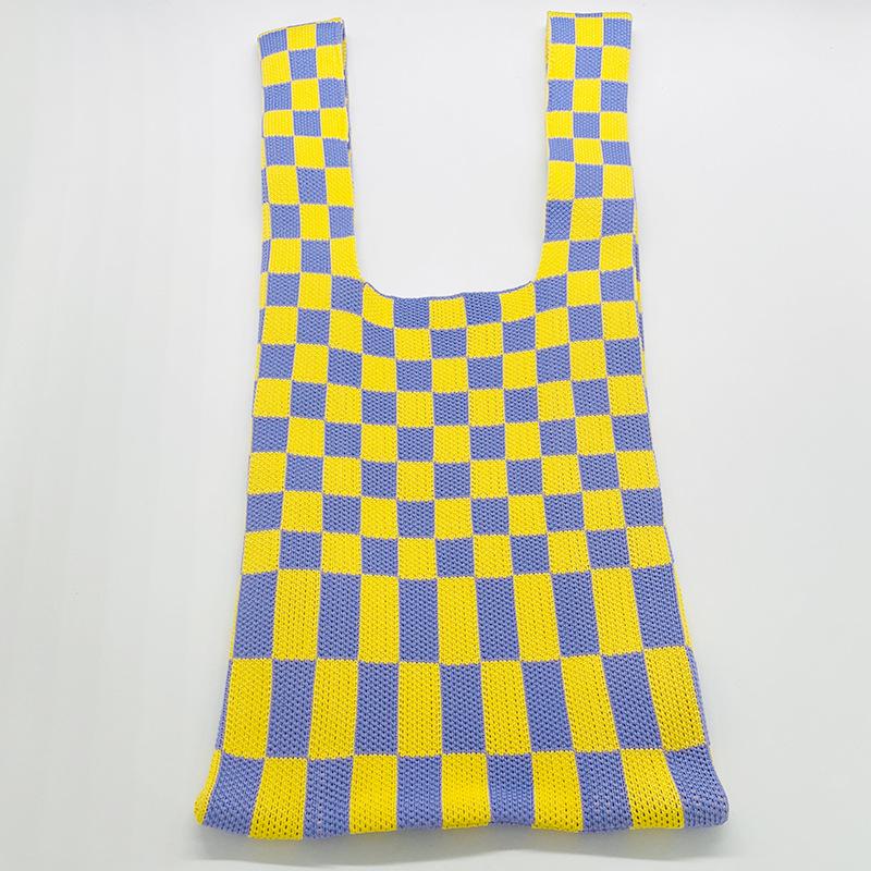 Knitted Plaid Bag Handmade Woven Tote Checkerboard Checker Clash Colour Shoulder Bag Shopping Bag
