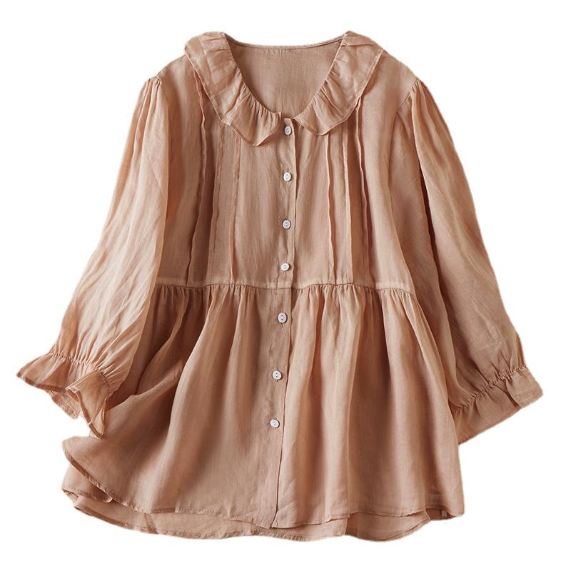 Летняя свободная однотонная хлопково-льняная рубашка с кукольным вырезом и рукавами 3/4, женская блузка