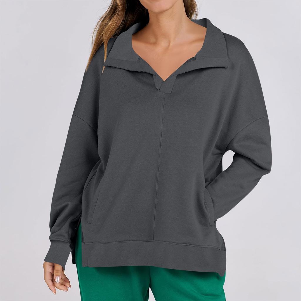 Женская мода повседневная однотонная толстовка с V-образным вырезом и карманом, с длинным рукавом