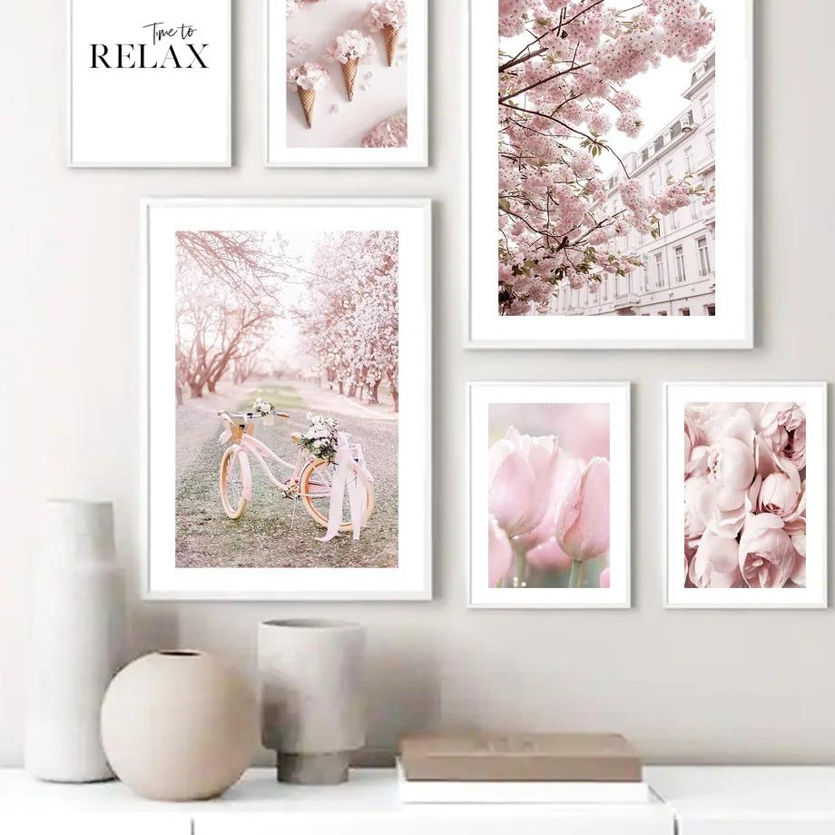 Wall  Canvas  Pink Sakura Rose Tulip Flower Landscape Nordic Posters And Prints Wall Pictures For Living Room Decor