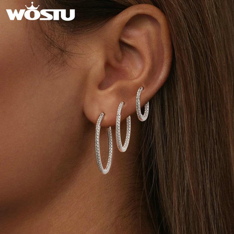 WOSTU Серьги-кольца обручи из стерлингового серебра 925 пробы, большой размер, AAA циркон, серьги-подвески, женские, для девочек, ювелирные изделия, подарки на вечеринку