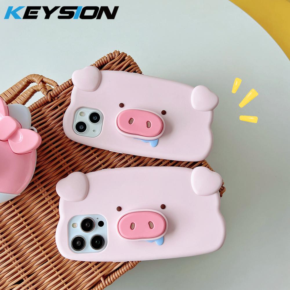 KEYSION Милый 3D Мультяшный Хрюкающий Пятачок Чехол для Телефона для iPhone 13 14 15 16 17 Pro Max Мягкий Силикон С Подставкой Ударопрочный Чехол
