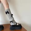 Womens Girls Japanese Cable Knitted Stretch Leg Warmers Sweet Bowknot Accent Leg Covers Footless Boot Socks Streetwear