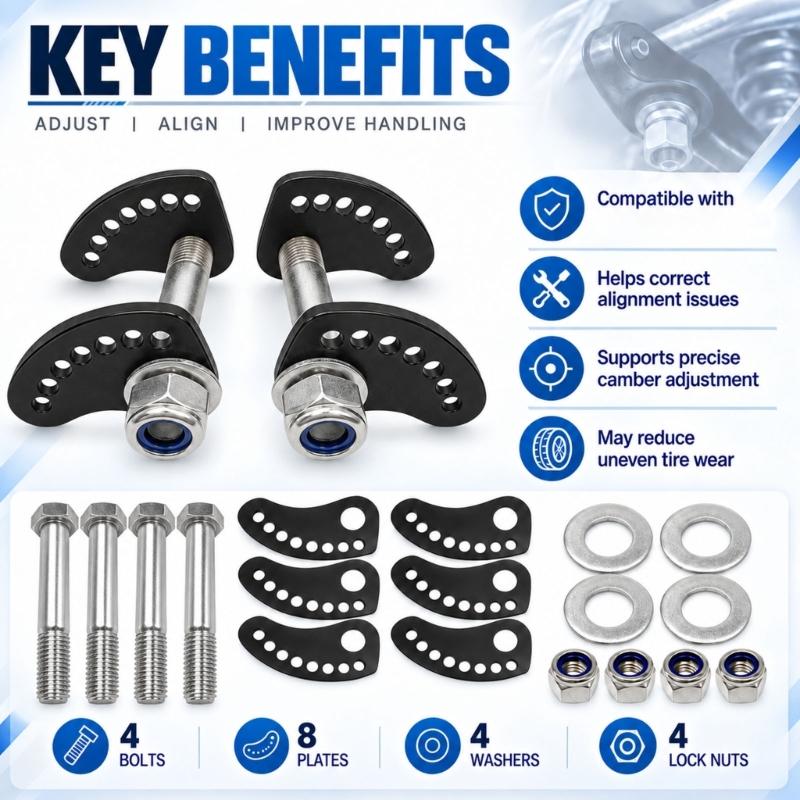Cambers Lock Lock Plate and Bolt Kit with Adjustments at 0.5 Degrees, Curved Perforated Plates, and Iron Hardware for Suspension Service