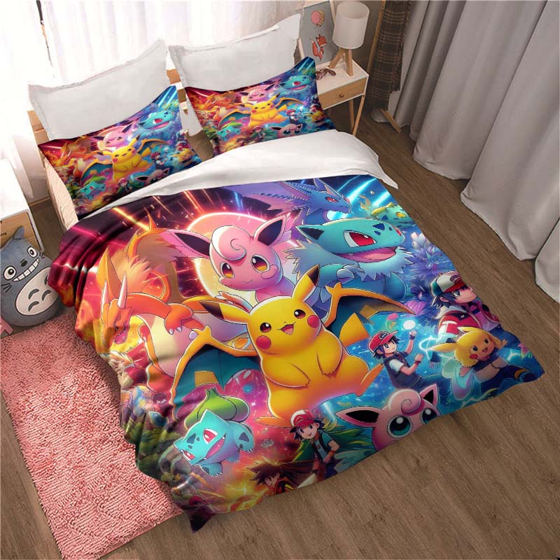 (Pokémon) Themed Printed Bedding Set: This Soft and Comfortable Set Includes A Duvet Cover and Pillowcases.