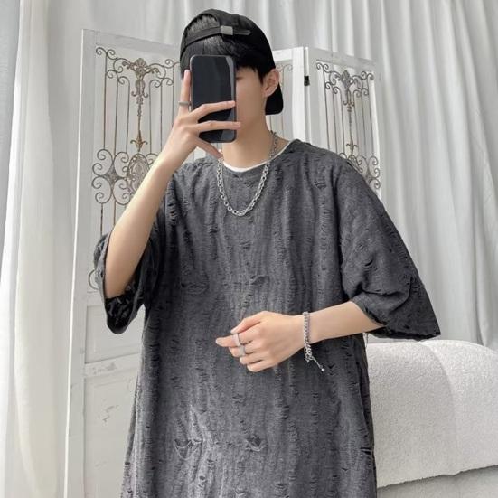 Летняя мужская футболка с рваными отверстиями, короткими рукавами и круглым вырезом, свободная ретро-пуловер в стиле High Street, однотонная, средней длины, мягкая повседневная футболка для подростков