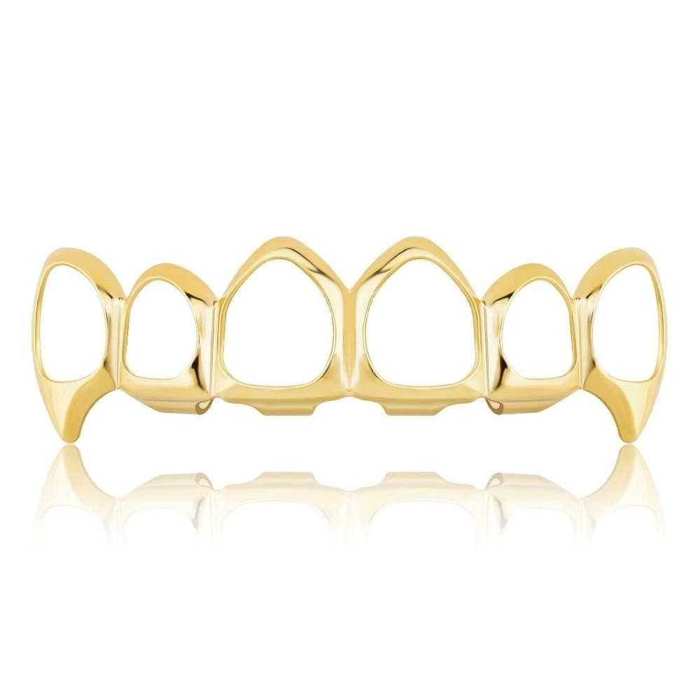 Eco-friendly Copper Hollow Teeth Grillz Top Bottom Set Glossy Finish Teeth Jewelry Rapper