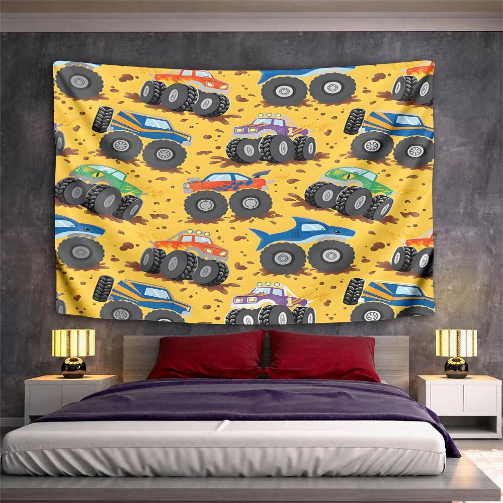 Monster Trucks and Sharks on Yellow Pattern Wall Hanging Tapestry Decorative Tapestry Home Decor for Bedroom and Living Room