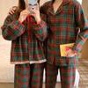 Корейский клетчатый рождественский пижамный комплект для девочек - воротник Питер Пэн, длинный рукав и брюки, осенне-зимняя домашняя одежда