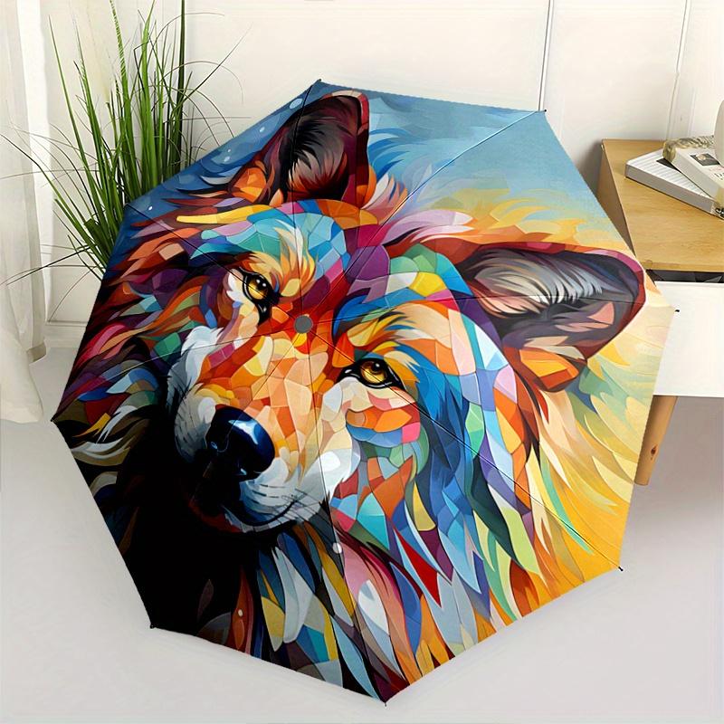 1pc Colorful Wolf Head Art Pattern Automatic Umbrella is Fashionable and Good-Looking, Suitable for Travel and Daily Use.R089