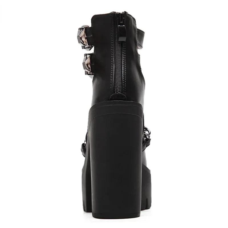 Весна Осень Демисезонные панк-сапожки для женщин Ботильоны на высоком каблуке Женские туфли на платформе с цепочкой и толстым каблуком