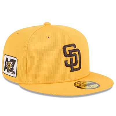 2025 Весенний лагерь Модель Кепка Зарубежный Импорт 59FIFTY San Diego Padres 2025 MLB ВЕСЕННИЕ ТРЕНИРОВКИ BP ФИТОВАННАЯ КЕПКА ЗОЛОТОЙ SAN DIEGO PADRES Бейсбол 5950 Шляпа