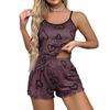 2 Pcs/Set Women Pajamas Set O Neck Sleeveless Heart Print Strappy Top Elastic High Waist Shirring Edge Loose Fit Shorts Homewear Vest Shorts