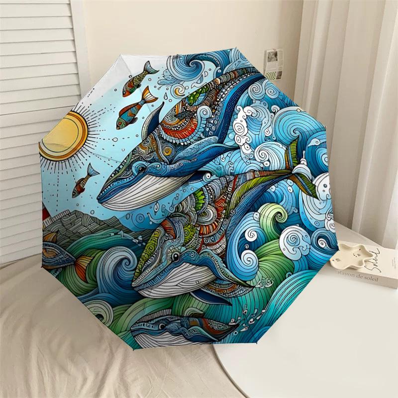 1PC Whale Ocean Automatic Open/Close Umbrella with Windproof, 8-Rib Sturdy Canopy, Durable Ribs, Fashionable Design, Outdoor Accessory, Fun Prin, Holi