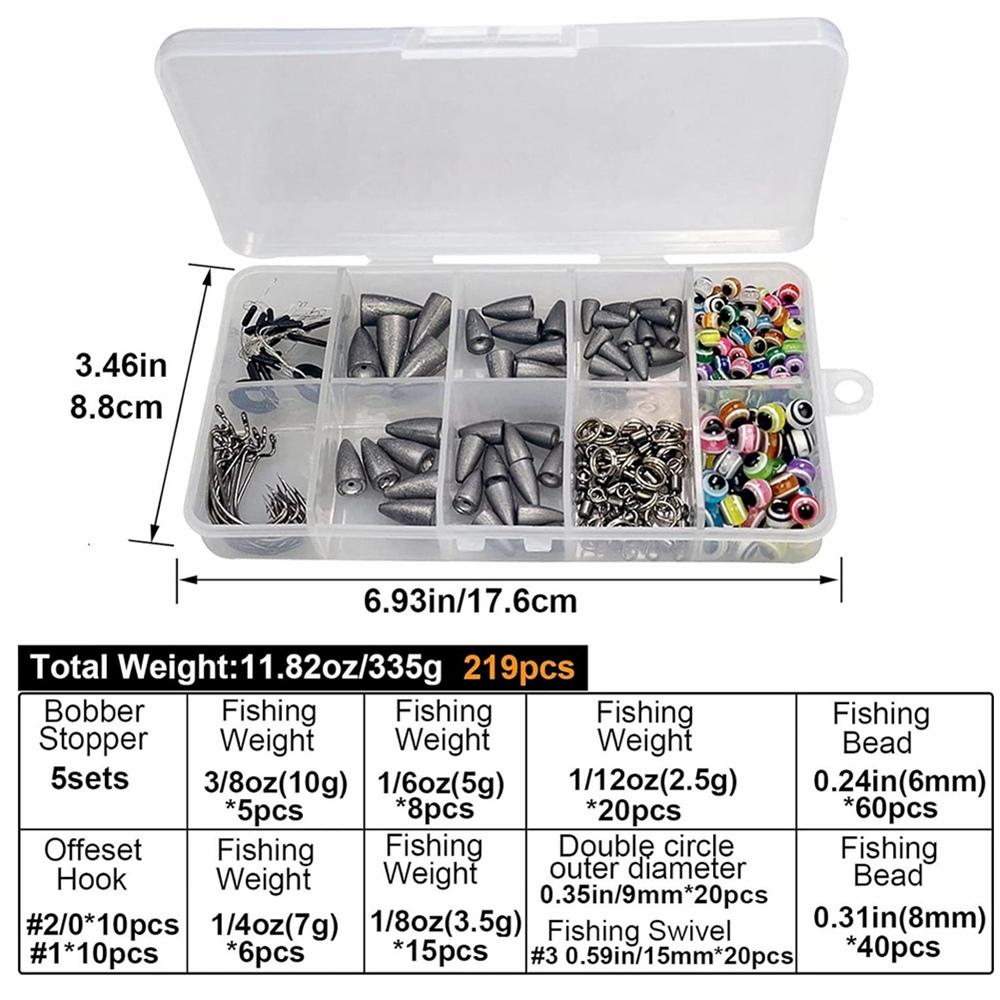 219 шт. грузила для рыбалки, рыболовные бусины, крючки, грузила-пули, каролинская оснастка, комплект оснастки Texas, аксессуары для рыбалки