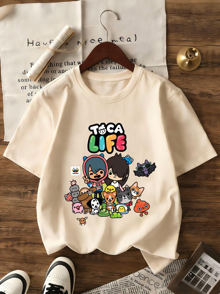 Графическая футболка Toca Life World для девочек, белая, розовая, с коротким рукавом, модный детский топ, хлопок, летний, повседневный, с круглым вырезом