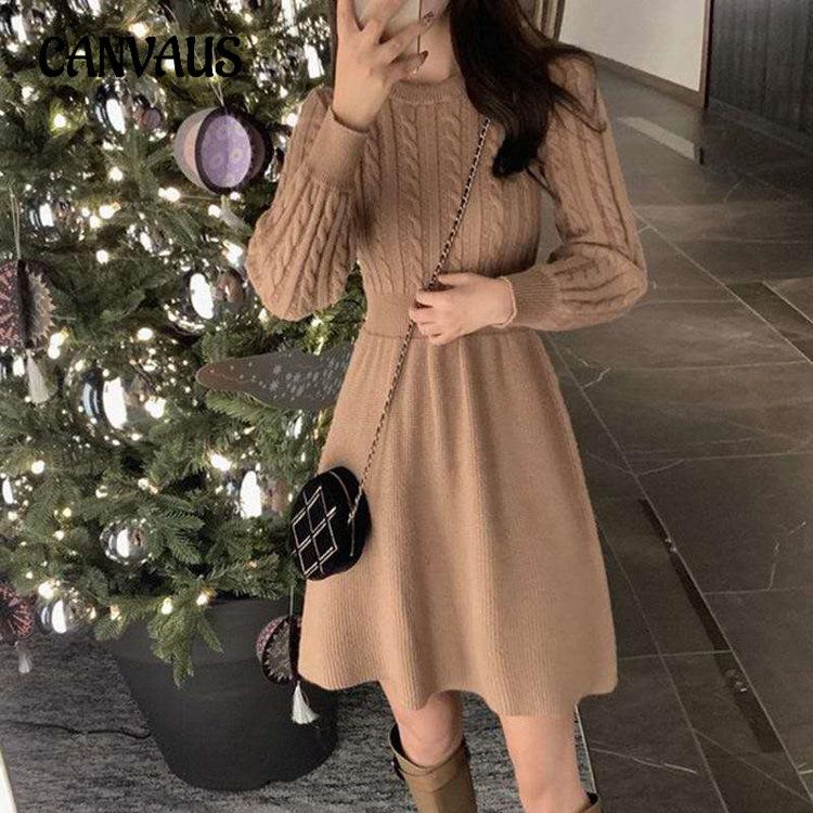 Autumn and Winter Women's Knitted Dress Waisted New Year's War Dress Round Neck Bottoming Twist Sweater Skirt